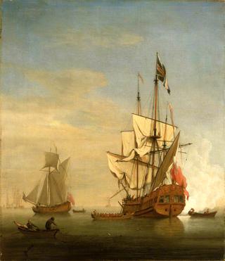 An English Sixth-Rate Ship Firing a Salute as a Barge Leaves