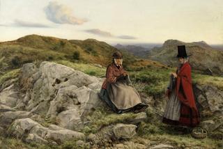威尔士风景，两位女士编织