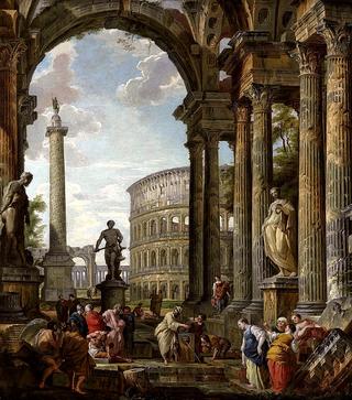 An architectural capriccio with the philosopher Diogenes and other figures by a fountain