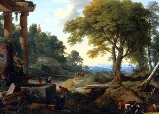 Landscape with Two Women at a Fountain, a Herd of Cows at a Stream and Travellers on Horseback