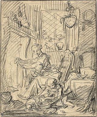 Domestic Scene, Mother with Two Small Children before a Mantelpiece