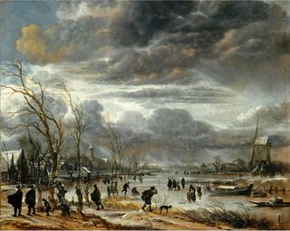 A winter lanscape with figures battling across a frozen river