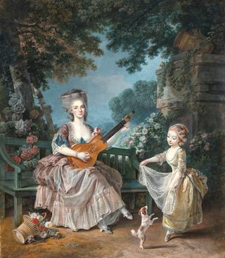 A Lady Playing Guitar and a Child Playing with a Dog in a Garden