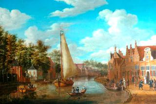 荷兰运河风景，荷兰梯田房屋中的帆船和人像