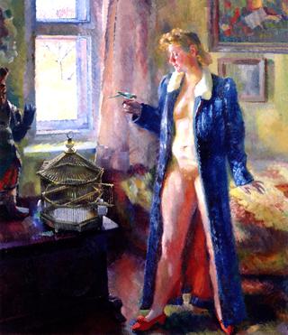 The Morning Hour, in a Blue Robe, with Budgie