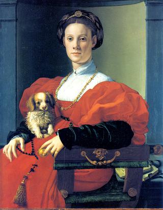一位带狗的红衣女士的画像