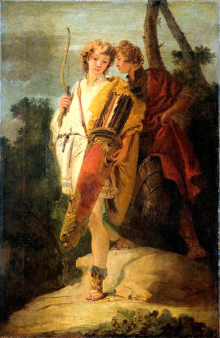 Young man with a bow and a large quiver and a friend with a shield