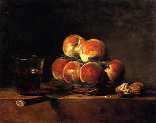 Basket of Peaches with Walnuts, Knife and Glass of Wine