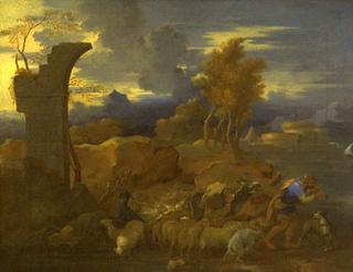 牧羊人带领羊群的风景
