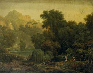 Landscape by a Waterfall with Dancing Fauns