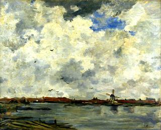 Windmill and Houses beside the Water: Stormy Sky