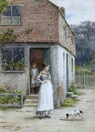 Woman and Dog Before a Cottage