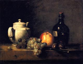 White Teapot with White and Red Grapes, Apple, Chestnuts, Knife and Bottle