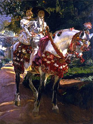 Elena and Maria, the Painter's Daughters, on Horseback in Valencian Period Costumes