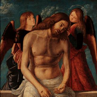 Dead Christ supported by two angels