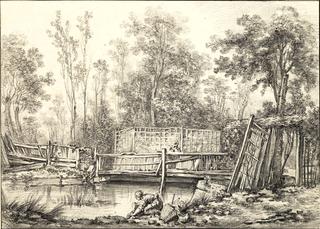 View of a Park with a Wooden Bridge and a Laundress