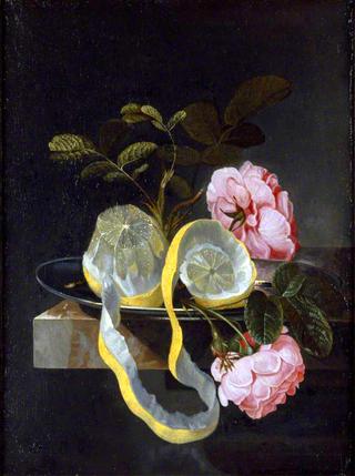 有柠檬和粉红玫瑰的静物画