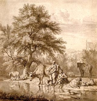 河边牵着牛羊的牧民和妇女