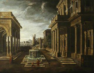 An Architectural Fantasy, with a Fountain and Figures