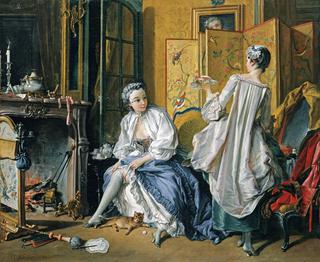 Woman Fastening her Garter, with her Maid