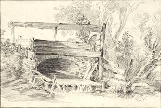 Stream with a Wooden Bridge and a Boy