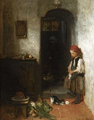 A Girl with a Playing Kitten