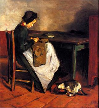 Girl Sewing with Cat - Dutch Interior
