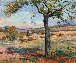 Summer Landscape in Provence with Olive Tree and Haystacks