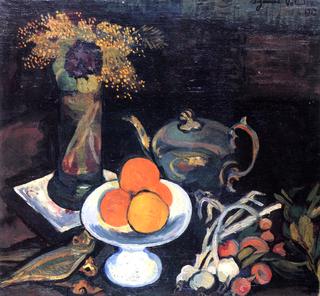 Still LIfe with Bowl of Fruit, Flowers and Onions