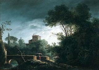 Southern Landscape with a Figure Crossing a Bridge at Dusk