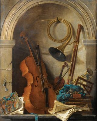 Still life in trompe l’œil with musical instruments and the book of Castor and Pollux