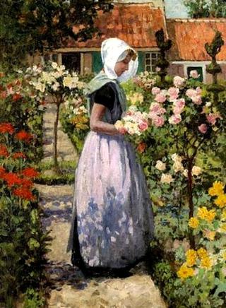 Dutch woman in a garden