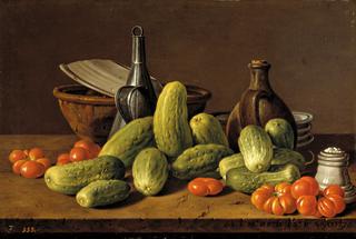 Still Life with Cucumbers, Tomatoes and Kitchen Utensils