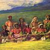 斐济群岛，身着战袍的酋长们在舞会后就座