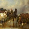 三匹马在河边饮水，其中一匹马由一个男孩骑着