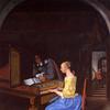 一个年轻女子向一个年轻男子演奏大键琴