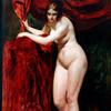 裸体女人，拿着红色的窗帘