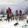 猎人和猎犬在雪地里回家