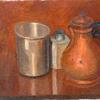 银色墨水架、杯子和铜咖啡壶