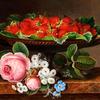 有希腊碗里的草莓和一束粉红玫瑰的静物画