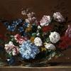 玫瑰、旋花、坎特伯雷钟和其他花的静物画