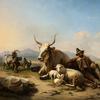 南部风景，有休息的牧羊人、公牛、绵羊和雄鹿