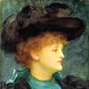 一位身穿绿松石色连衣裙、黑色外套和帽子的女士的肖像