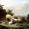 有牧羊女和她的羊群栖息在溪边的风景