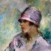 一位女士的肖像，半身像，戴着粉红色的帽子和外套