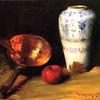 有瓷器花瓶，铜壶，苹果和葡萄的静物画