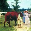 年轻的姑娘们在牛群中散步
