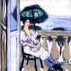 坐在阳台上的女人，绿色雨伞，紫色长袜