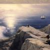 爱琴海的岩石海岸景观，远处有船只（细节）