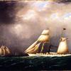 美国蒸汽帆游艇“艾米丽”号在海上，四艘纵帆船离船头